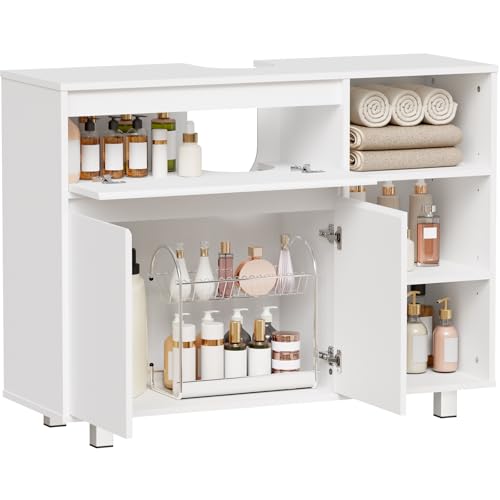 BEWISHOME Waschbeckenunterschrank Badezimmerschrank mit 2 Schranktüren 3 Verstellbare Offene Regalböden 1 Verdecktes Staufach Unterschrank Waschbecken mit Füßen 90 x 64.5 x 30 cm Weiß EYSG02W