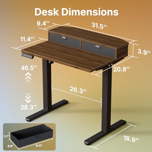 Image of HUANUO 32 x 21 Standing Desk with 2 Drawers, C-Clamp Compatible, Walnut