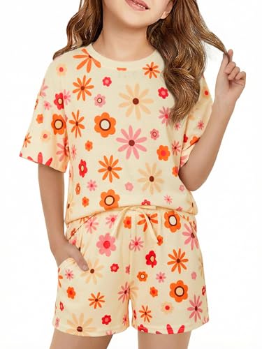 Image of Haloumoning Girls Summer 2 Piece Outfits Kids Oversized T Shirts and Shorts Clothing Sets 5-14 Years