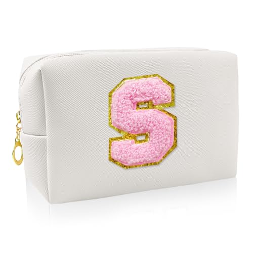 Pequeñas bolsas de maquillaje para mujeres, bolsa de maquillaje personalizada Neceser con letras iniciales, neceser de viaje para maquillaje (marfil S)