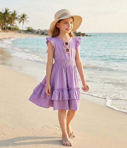 Image of Arshiner Girls Dresses Flutter Sleeve A-Line Sundress Casual Summer Tiered Swing Midi Pocket Dress