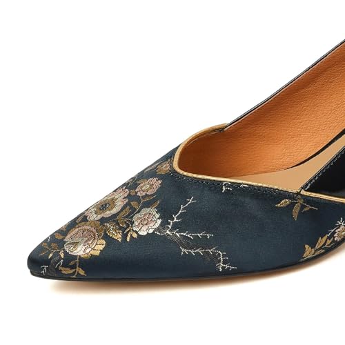 TinaCus Women's Genuine Leather Pointed Toe Embroidery Kitten Heel Floral Pumps Dress Shoes2