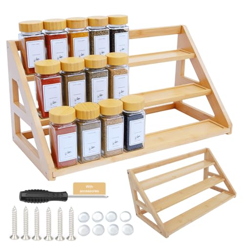 Rasydyn 3 Tier Bamboo Spice Rack Organizer for Cabinet: Fits 24 Spice Jars - 17.5” Wide Countertop & Cabinet Organizer for Kitchen Organization, Seasoning Organizer Shelf (Jars Not Included)