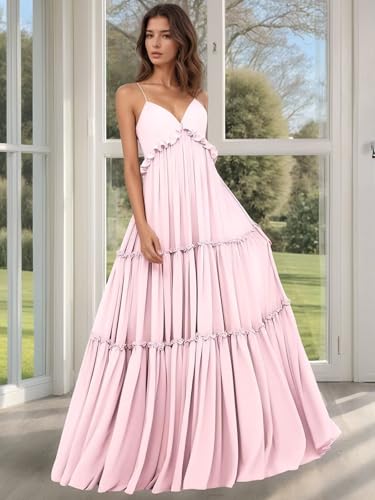 Spaghetti Strap Chiffon Bridesmaid Dresses for Women Tiered Ruffle Wedding Guest Dress V Neck Long Formal Party Gown3