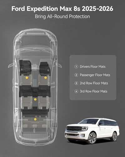 Image of 3W Floor Mats for 2025 2026 Ford Expedition Max Bench Seating 8 Seats, All Weather for 2025 2026 Ford Expedition Max (Not fit 7 Seats) Floor Mats Cargo Mat (Only MAX)
