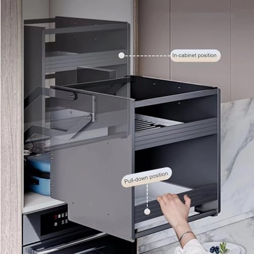 2-Tier Pull Down Shelf, Adjustable Aluminum Pull Out Shelving System for Upper Cabinets 22"-34.2", 4 Weight Settings, Supports Up to 44 lbs (20kg)