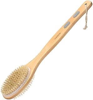 Bath Body Exfoliating Brush，Shower Back Cleaning Scrubber with Long Wooden Handle，Dry or Wet