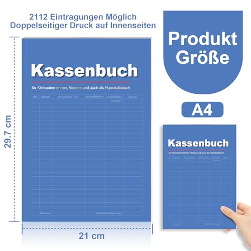 Kassenbuch A4 über 2100 Einträge Kassenbuch Kleinunternehmer 32 Blatt Kassenbuch Ohne Mehrwertsteuer für Verein Klein Finanzamt Haushalt Selbständige Kosmetikstudio Blau