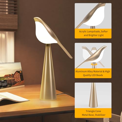 Xhope4u Small Desk Lamp, Bird Lamp, 10 Level Dimmable Brightness Bedside Night Light, Bedroom Table Lamp for Dorm, Office, Gifts, Reading, 3 Colors, Metal Finish, Gold, 360° Rotation — view 2