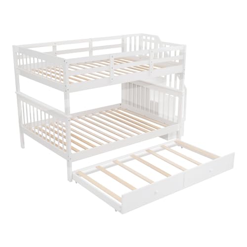 Harper & Bright Designs Full Over Full Bunk Bed with Trundle and Stairs, Wooden Detachable Bunk Bed with Storage Shelves for Kids Teens (White)