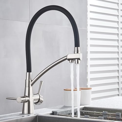 Robinet de cuisine double sortie avec douchette extractible nickel brossé