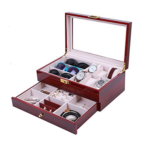 Mkuha Estuche Caja joyero de Madera con Tapa de Vidrio Organizador para bisuterías Joyas 6 Relojes y 3 Gafas con Capas Dobles,Rojo 34 * 21 * 13cm