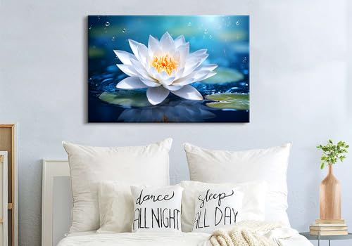 Image of Lotus Wall Art Zen Decor Bloom Lotus Flower in Water Landscape Pictures Yoga Spa Meditation Room Decorations Spiritual Canvas Painting White Floral Poster Prints Large Artwork for Living Room 24x36 inch