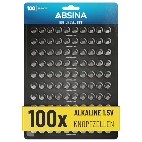 ABSINA 100er Pack Alkaline Knopfzellen Sortiment - je 20x AG1 LR621 AG4 LR66 AG10 LR1130 / 30x AG3 LR41 / 10x AG13 LR44-1 5V Batterie auslaufsicher - Knopfzellen Set gemischt