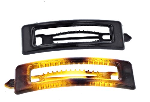 Ellas Women's Classic 100% Plastic 3" Long Hair Barrette, (2 Pcs.) (Black, Light Faux Tortoise Rectangle)