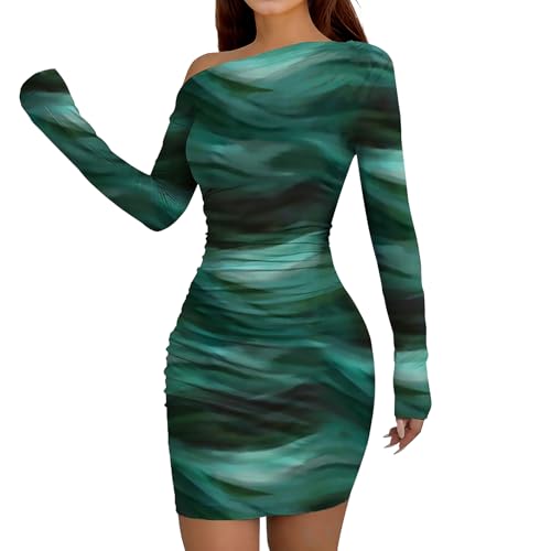 Image of Women's Long Sleeve Bodycon Mini Dress Tie Dye Print Slim Fit Asymmetrical Neck Elegant Formal Ruched Short Dresses