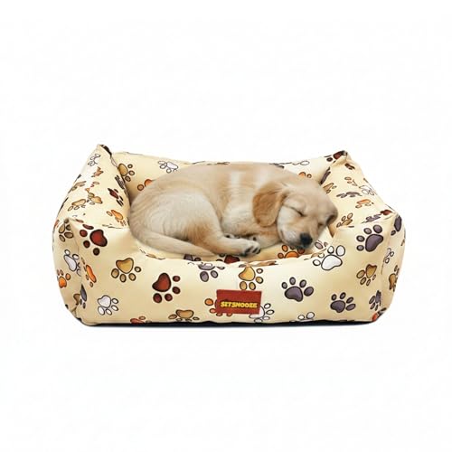 Image of SITSNOOZE Small Dog Bed (Up to 5kg) for Shih Tzu, Pomeranian, Chihuahua Puppies - Soft Washable Bed, Orthopedic Cushion, Indoor Waterproof Anti-Slip Pet Mattress (White & Brown Printed, S)