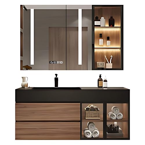 Top 10 Best Rated Bathroom Vanities for Stylish Spaces 3 High QLO Floating Bathroom Vanity with Sink 40Inch(Modern Log Style)(Glass Door Cabinets) Rock Slab Integrated Basin,LED Smart Defog Mirror Cabinet