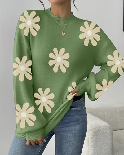 Zeagoo Sweaters For Women 2024 Fashion Trendy Long Sleeve Turtleneck Pullover Lantern Knit Sweater Tops Green-Flower thumb #1