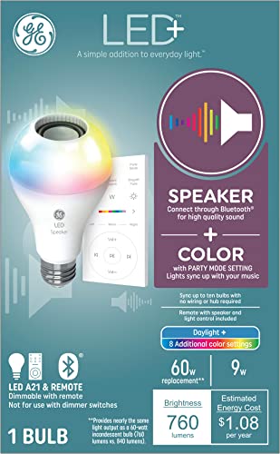 GE Lighting LED+ Color Changing Speaker LED Light Bulb with Remote, Daylight + Multicolor, A21 Standard Bulb GE Lighting LED+ Color Changing Speaker LED Light Bulb with Remote, Daylight + Multicolor, A21 Standard Bulb