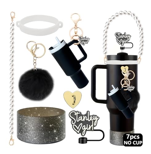 Image of House of Quirk 7 PCS Cup Accessories Set | Tumbler Accessories for 30oz & 40oz | Silicone Boot, Handle Strap, Tumbler Keychain & Straw Covers (Black Kawai, Tumbler Not Included)