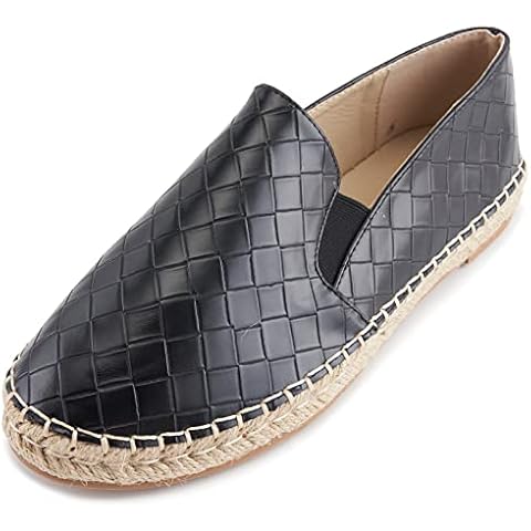 Alexis Leroy Women's Espadrilles PU Slip-On Shoes Plaid Canvas Flat with Straw Braided Black 6 UK Cover