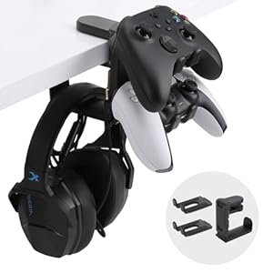 PC Gaming Headphone Stand & Controller Holder, 3 in 1 Under Desk Clamp Universal Headset Controllers Hook with Adjustable and swivelling arm clamp(Black)