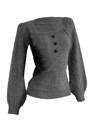 SHENHE Women's Square Neck Sweater Long Sleeve Slim Fit Heart Knit Soft Sweater Pullover Grey Large