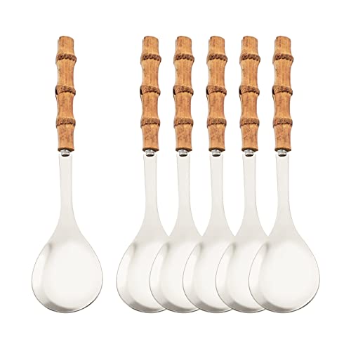 Natural Bamboo Handle Serving Spoons Set of 6, Large Size Stainless Steel Dinner Buffet Catering Banquet Serving Spoons, 10.0 Silver Big Ladle Tablespoons for Home, Family Serving Utensils