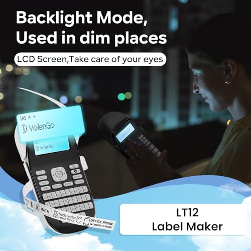 VolenGo Label Maker Machine with Tapes, Label Maker Waterproof-Labels, Portable Rechargeable Labeler with 12mm-Tape, Bluetooth Backlit Labeling Machine, LT12 Handheld Label Printer for Office Home