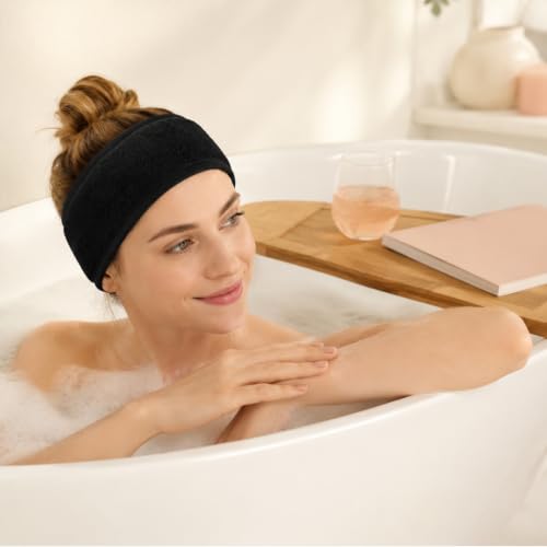 Image of Whaline 3Pcs Spa Facial Headband Make Up Wrap Head Terry Cloth Headband Adjustable Washable Towel for Shower Makeup Face Washing Skincare Facial Treatment Sport Fits (White, Black, Pink)