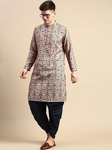Image of Men's Black Art Silk Regular Fit Ethnic Motifs Kurta | Indian Kurta | Festive Ethnic Kurta with Embroidered Packet