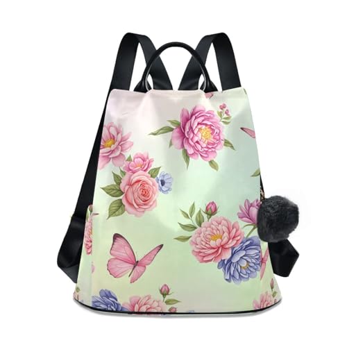 Sac à dos anti-vol femme à imprimé pivoines avec pompon élégant