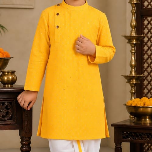 Image of superminis Boy's Cotton Kurta with Dhoti - Golden Thread Work, Solid Round Collar, Full Sleeves, Side Button Kurta Set for Ethnic Wear