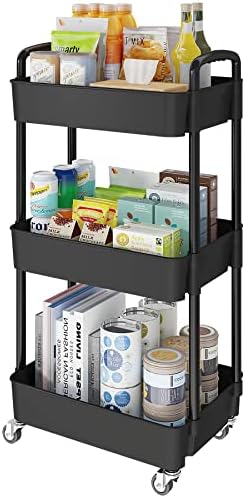 Laiensia 3-Tier Storage Cart,Multifunction Utility Rolling Cart Kitchen Storage Organizer,Mobile Shelving Unit Cart with Lockable Wheels for Bathroom,Laundry,Living Room,With Classified Stickers,Black