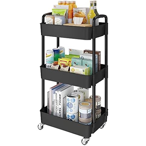 Laiensia 3-Tier Kitchen Storage Cart,Multifunction Utility Rolling Storage Organizer,Mobile Shelving Unit Cart with Lockable Wheels for Bathroom,Laundry,Living Room,With Classified Stickers,Black Cover