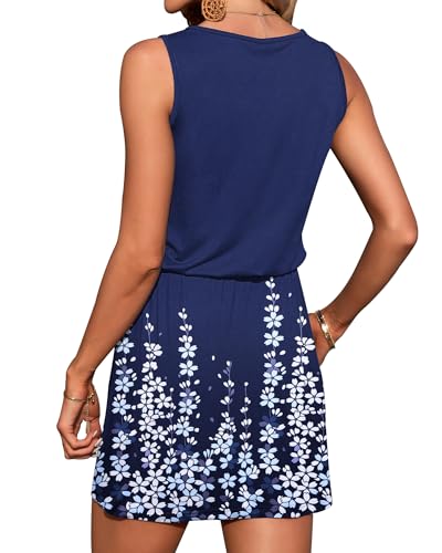 Image of AUSELILY Womens Summer Dress Casual Sleeveless Drawstring Short Dresses | Adjustable drawstring waist for a custom fit, plus 2 side pockets-perfect beach-to-street sundress