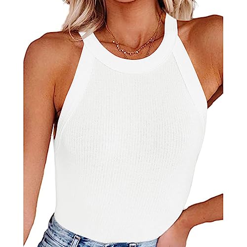 RPAEOY Camiseta Tirantes Mujer Acanalado Cuello Redondo Sexy Sin Mangas Camisetas Lencera Elástico Crop Top Básica Casual Verano Tank Top Chaleco Racer Blanco S