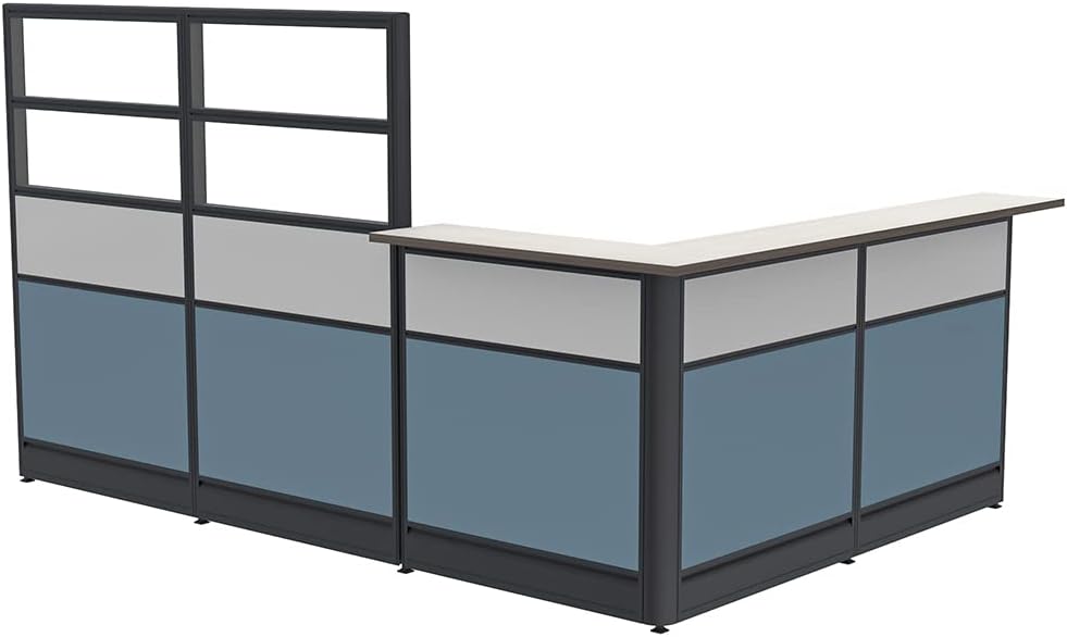 L-Shaped Reception Station | Glass Panel and Transaction Top | Reception Desk with Storage | Emerald Cubicle Collection | 6x9x65"H | White : Office Products