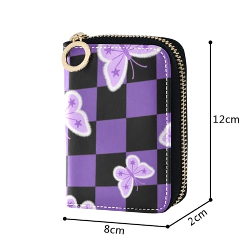 Butterflies Black Purple Checkered Pattern leather small credit card wallet With 2 cash slot RFID Blocking credit card holders with zipper4