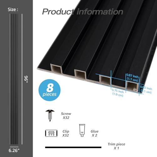 Art3d 8-Pack 96 x 6in. WPC Acoustic Slat Wall Panel for Modern Interior Decor, TV Background, Living Room, Matte Black
