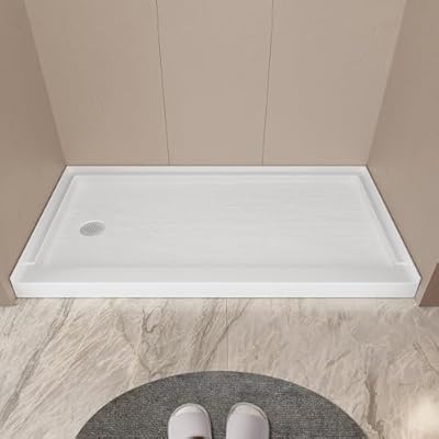 60"x30" Left Drain i-Homare SMC Shower Base with Slate Texture, Single Threshold Rectangle Shower Pan In White