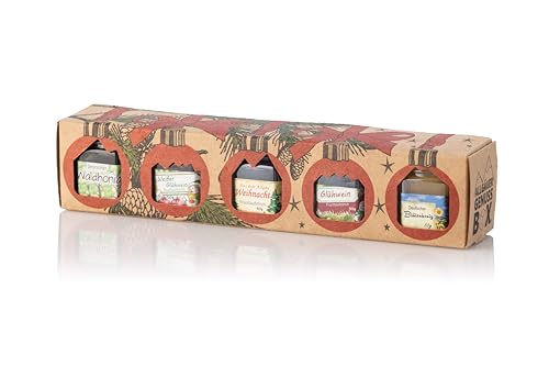 Puntzelhof Weihnachts Genuss-Box – Feinkost Geschenk-Set, 3x50g handgemachter Fruchtaufstrich und 2x50g Deutscher Honig, Allgäuer Delikatessen in Weihnachtlicher Geschenkverpackung