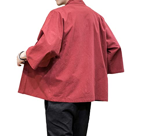 Image of Mens Kimono Cardigan Cotton Linen Japanese Shirt 3 /4 Sleeve Haori Yukata | Skin-Friendly Solid Color Lightweight Shawl Collar Kimono Robe Embroidery Button Tie Pockets Happi Coat All Season Daily Wear