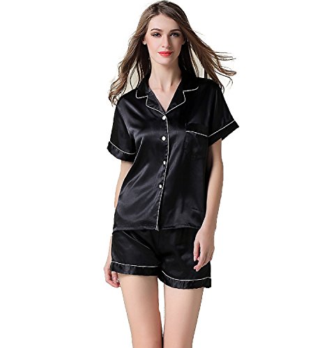 NANJUN Women's Satin Pajamas Sleepwear Short Button-Down Pj Set(black,m)