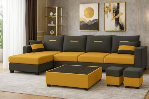 Image of CASASTYLE Dreamon 8 Seater Fabric LHS L Shape Sofa Set with 1 Centre Table & 2 Puffy (Yellow-Dark Grey) | Velvet Finish | Comfortable Sectional Sofa for Living Room