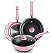 SHINEURI 6 padelle antiaderenti in ceramica con coperchio, wok con base a induzione e impugnatura morbida, lavabili in lavastoviglie, 20,9 cm, 20,5 cm e 25,8 cm (rosa, 6 pezzi)