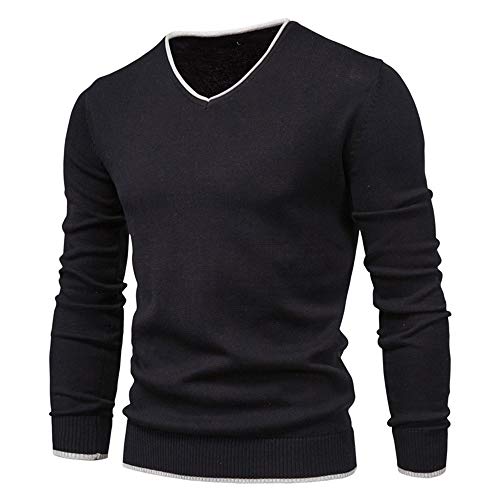 Feziakuk Strickpullover Herren V-Ausschnitt Pullover Herbst Winter Langarm Sweater Basic Winterpullover Warm Arbeitspullove Tops, Schwarz XL