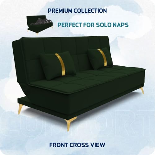 Image of Adorn India Premium New Alyssum 3 Seater Sofa Cum Bed 4X6 Velvet Suede with 2 Cushions (Color Green) and Suitable for All Indoor, with 3 Years Warranty