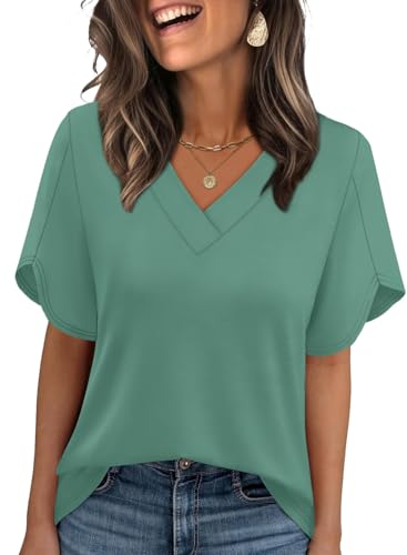 Image of WIHOLL Womens Summer Tops Short Petal Sleeve Shirts Fashion V Neck Womens Clothing